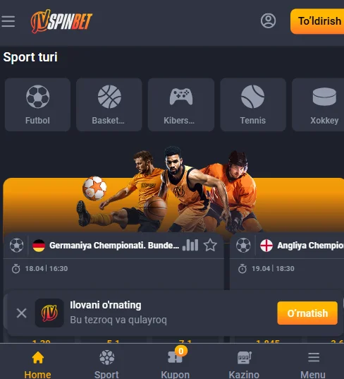 O'yinlar uchun JVSpinBet ilovasini tanlang