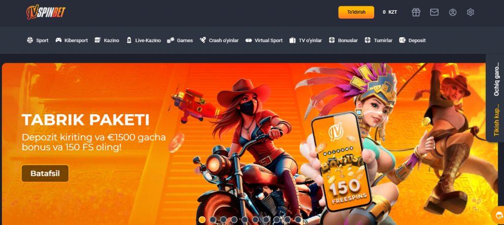 JVSpinBet O'zbekiston mamlakatlari uchun rasmiy veb-sayti